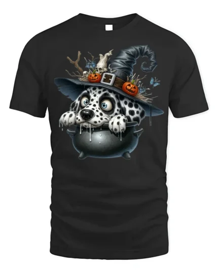 Dalmatian Witch Cauldron Halloween Graphic T-Shirt - black t-shirt on white background