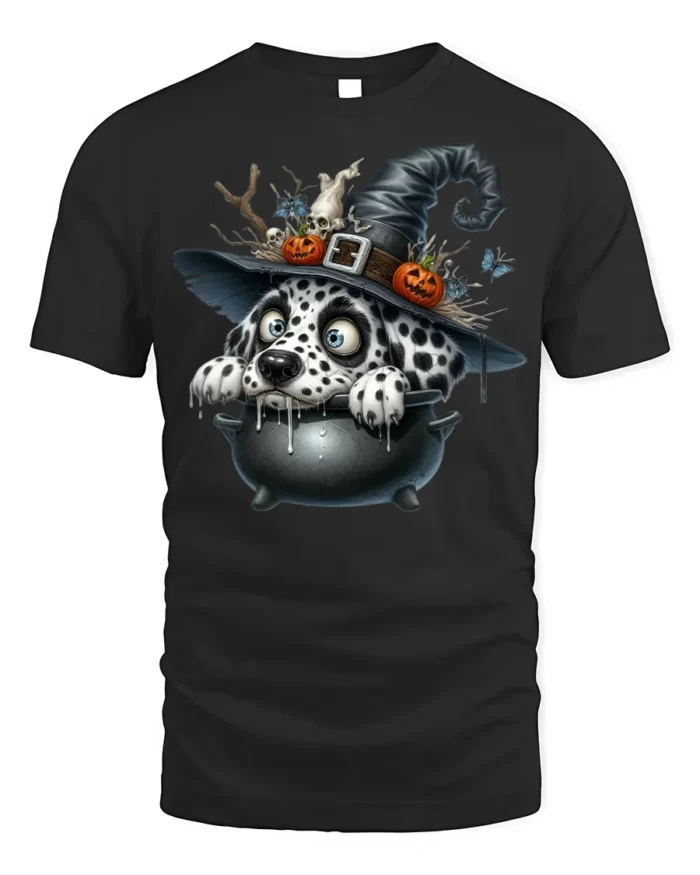 Dalmatian Witch Cauldron Halloween Graphic T-Shirt - black t-shirt on white background