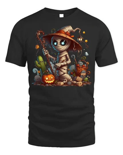 Cute Mummy Witch Halloween Pumpkin Graphic T-Shirt - black t-shirt on white background