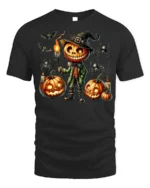 Pumpkin Head Halloween Witch Scarecrow T-Shirt - black t-shirt on white background
