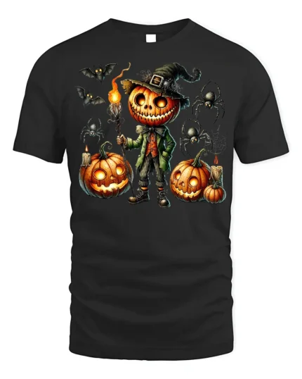 Pumpkin Head Halloween Witch Scarecrow T-Shirt - black t-shirt on white background