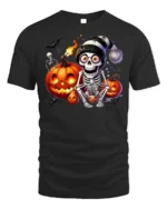Skeleton Pumpkin Halloween Night Graphic T-Shirt - black t-shirt on white background