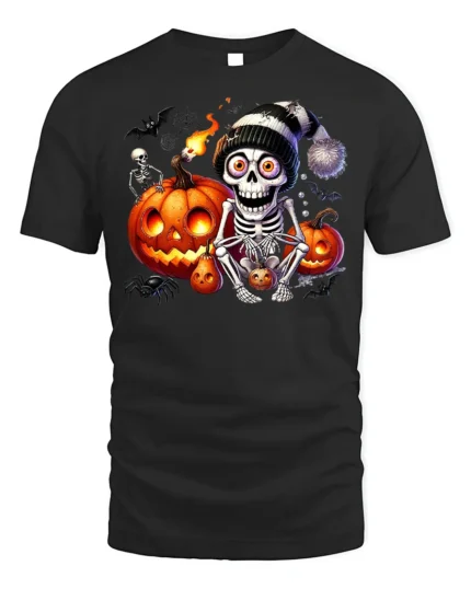 Skeleton Pumpkin Halloween Night Graphic T-Shirt - black t-shirt on white background