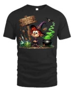 Cartoon Witch Halloween Cauldron Magic T-Shirt - black t-shirt on white background