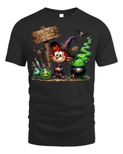 Cartoon Witch Halloween Cauldron Magic T-Shirt - black t-shirt on white background