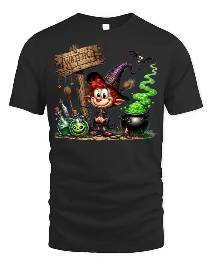 Cartoon Witch Halloween Cauldron Magic T-Shirt - black t-shirt on white background