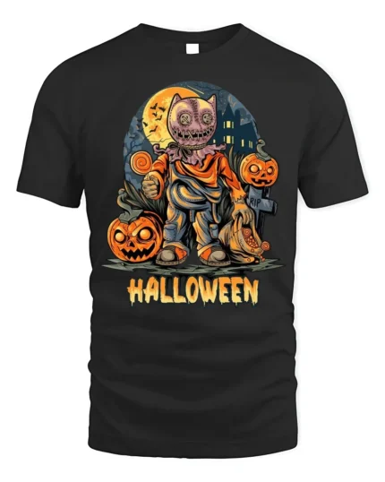 Scary Doll Mask Pumpkin Halloween Graphic T-Shirt - black t-shirt on white background