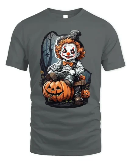 Scary Clown Halloween Pumpkin Graphic T-Shirt - gray t-shirt on white background