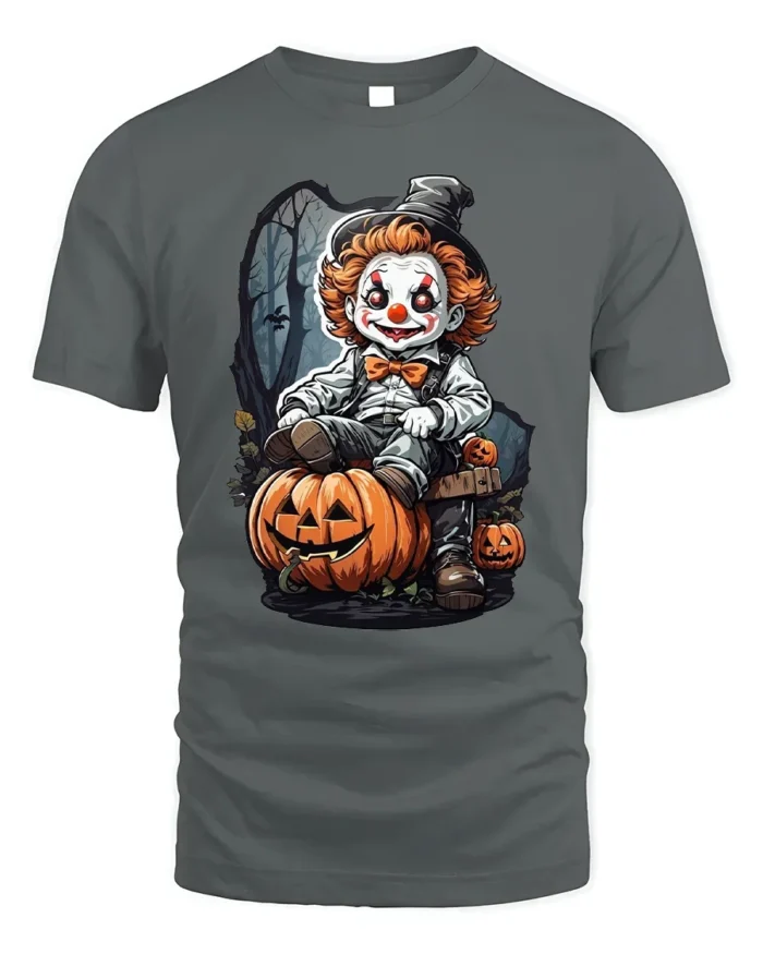 Scary Clown Halloween Pumpkin Graphic T-Shirt - gray t-shirt on white background