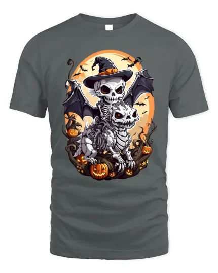 Skeleton Rider Halloween Dragon Pumpkin T-Shirt - gray t-shirt on white background