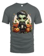 Cute Frankenstein Halloween Pumpkin Graphic T-Shirt - gray t-shirt on white background