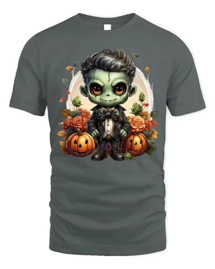 Cute Frankenstein Halloween Pumpkin Graphic T-Shirt - gray t-shirt on white background