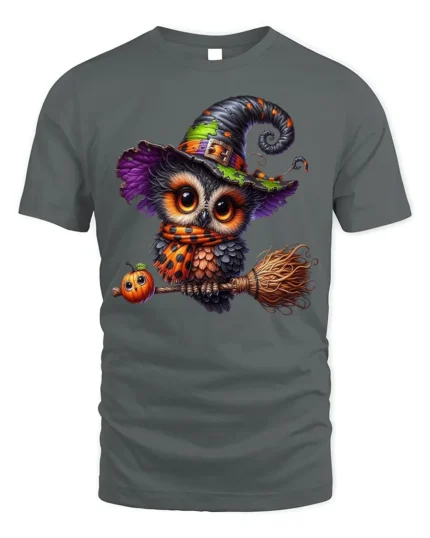 Halloween Witch Owl Broomstick Pumpkin T-Shirt - gray t-shirt on white background