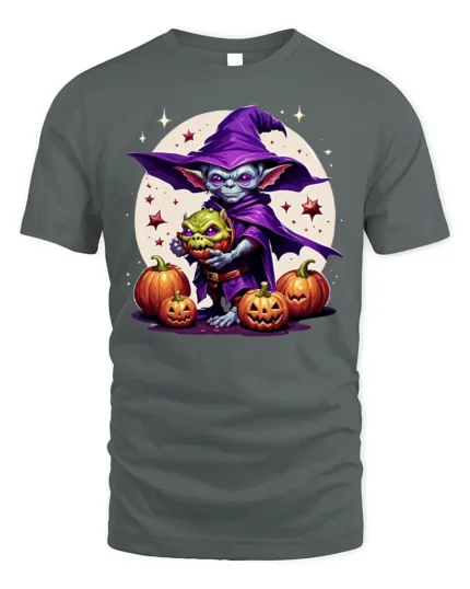 Goblin Wizard Halloween Pumpkin Graphic T-Shirt - gray t-shirt on white background