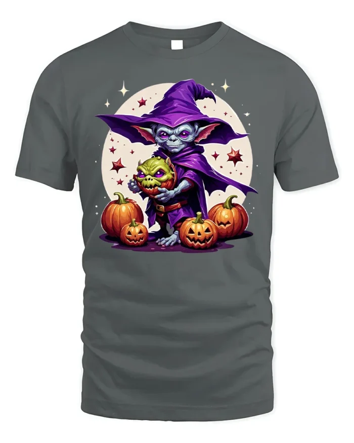 Goblin Wizard Halloween Pumpkin Graphic T-Shirt - gray t-shirt on white background