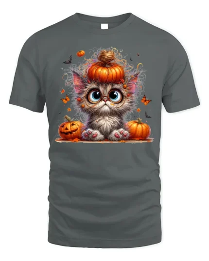 Cute Halloween Kitten Pumpkin Graphic T-Shirt - gray t-shirt on white background