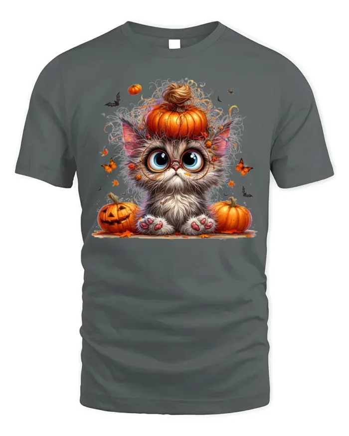 Cute Halloween Kitten Pumpkin Graphic T-Shirt - gray t-shirt on white background