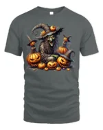 Evil Witch Pumpkin Halloween Scary Graphic T-Shirt - gray t-shirt on white background