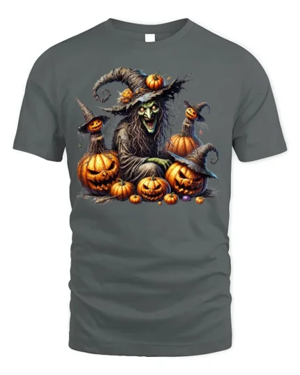 Evil Witch Pumpkin Halloween Scary Graphic T-Shirt - gray t-shirt on white background