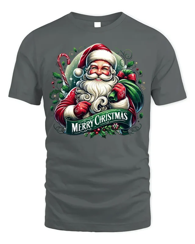 Classic Santa Merry Christmas Holiday T-Shirt - gray t-shirt on white background