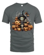 Witch Pumpkin Pile Halloween Skeleton T-Shirt - gray t-shirt on white background