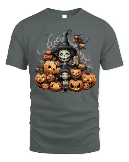 Witch Pumpkin Pile Halloween Skeleton T-Shirt - gray t-shirt on white background