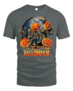 Pumpkin Reaper Halloween Scythe Graphic T-Shirt - gray t-shirt on white background