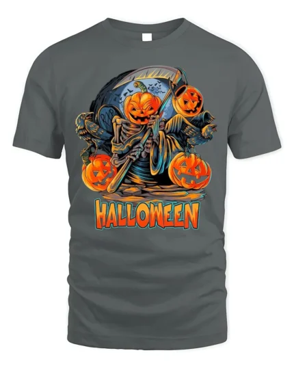 Pumpkin Reaper Halloween Scythe Graphic T-Shirt - gray t-shirt on white background