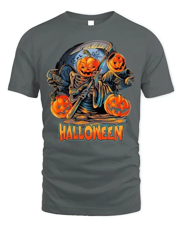 Pumpkin Reaper Halloween Scythe Graphic T-Shirt - gray t-shirt on white background