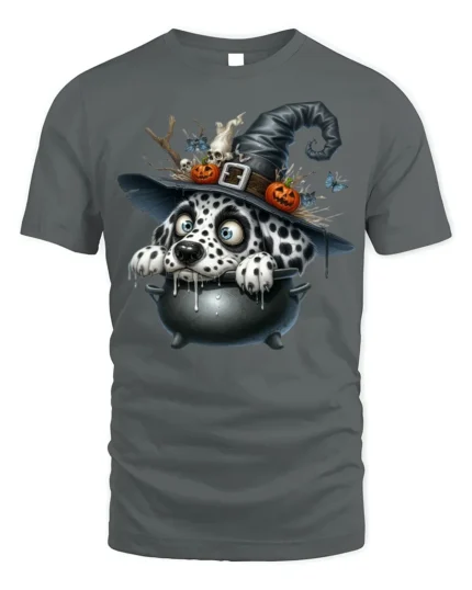 Dalmatian Witch Cauldron Halloween Graphic T-Shirt - gray t-shirt on white background