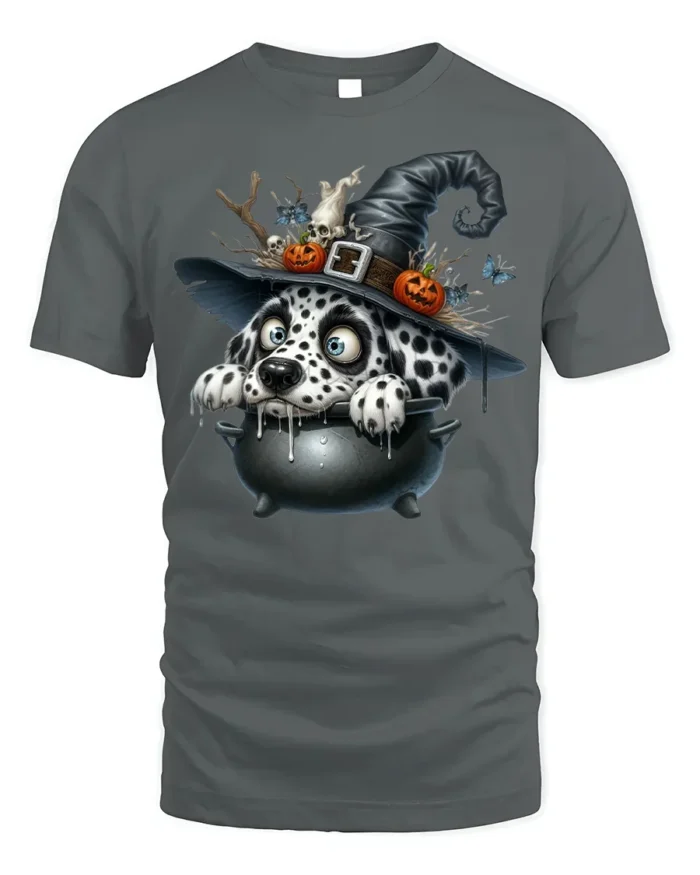 Dalmatian Witch Cauldron Halloween Graphic T-Shirt - gray t-shirt on white background