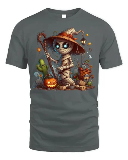 Cute Mummy Witch Halloween Pumpkin Graphic T-Shirt - gray t-shirt on white background