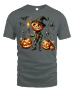 Pumpkin Head Halloween Witch Scarecrow T-Shirt - gray t-shirt on white background