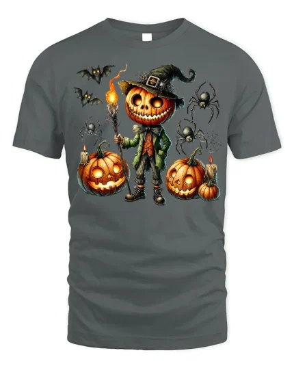 Pumpkin Head Halloween Witch Scarecrow T-Shirt - gray t-shirt on white background