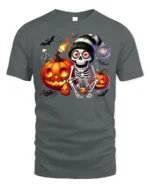 Skeleton Pumpkin Halloween Night Graphic T-Shirt - gray t-shirt on white background