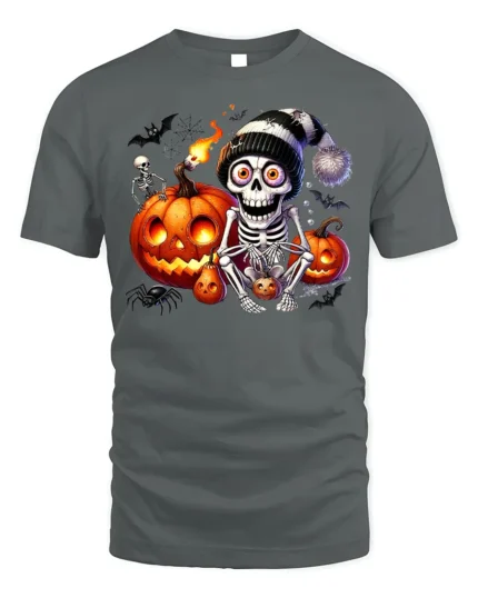 Skeleton Pumpkin Halloween Night Graphic T-Shirt - gray t-shirt on white background