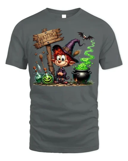 Cartoon Witch Halloween Cauldron Magic T-Shirt - gray t-shirt on white background