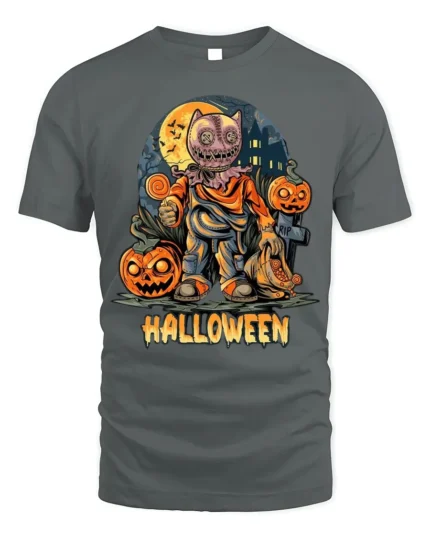 Scary Doll Mask Pumpkin Halloween Graphic T-Shirt - gray t-shirt on white background