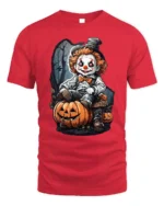 Scary Clown Halloween Pumpkin Graphic T-Shirt - red t-shirt on white background