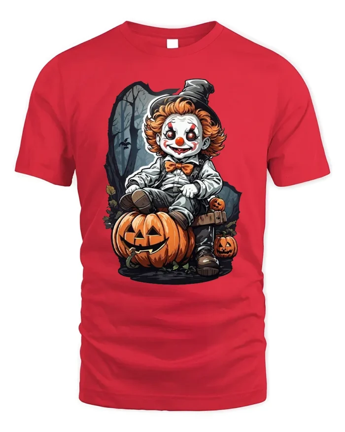 Scary Clown Halloween Pumpkin Graphic T-Shirt - red t-shirt on white background