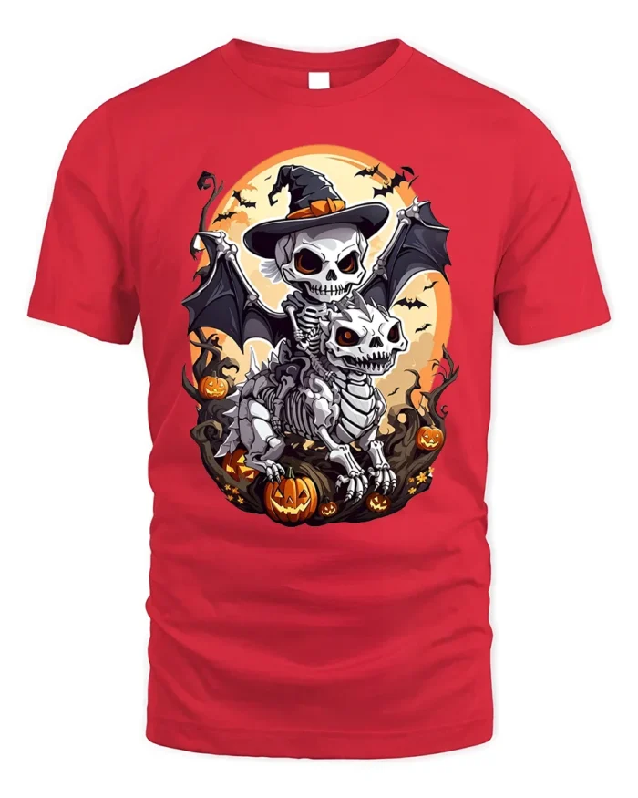 Skeleton Rider Halloween Dragon Pumpkin T-Shirt - red t-shirt on white background