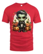 Cute Frankenstein Halloween Pumpkin Graphic T-Shirt - red t-shirt on white background