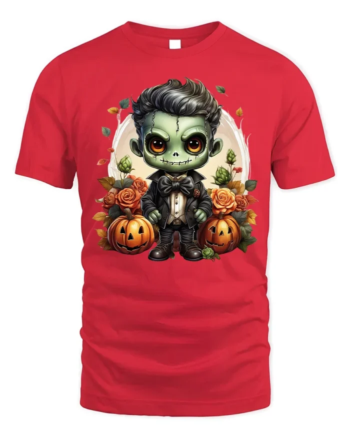 Cute Frankenstein Halloween Pumpkin Graphic T-Shirt - red t-shirt on white background
