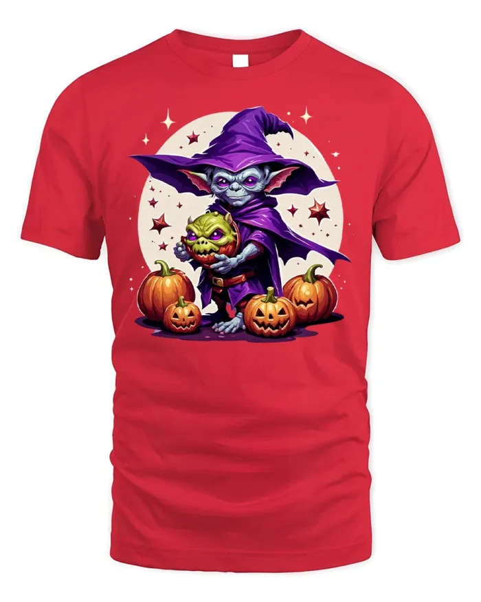 Goblin Wizard Halloween Pumpkin Graphic T-Shirt - red t-shirt on white background
