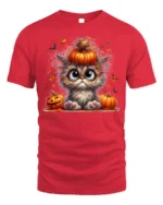 Cute Halloween Kitten Pumpkin Graphic T-Shirt - red t-shirt on white background