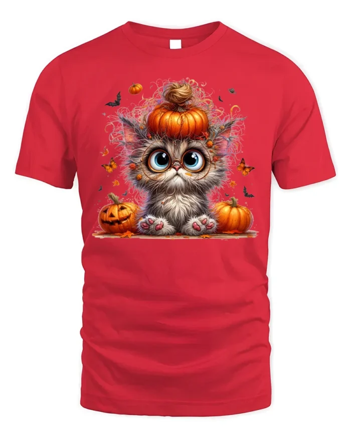 Cute Halloween Kitten Pumpkin Graphic T-Shirt - red t-shirt on white background