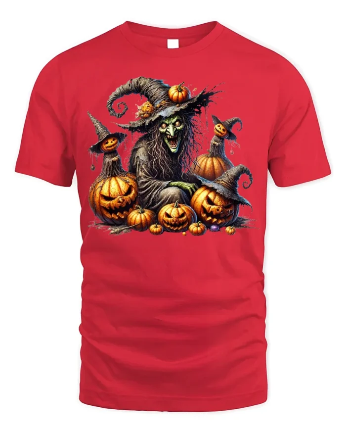 Evil Witch Pumpkin Halloween Scary Graphic T-Shirt - red t-shirt on white background