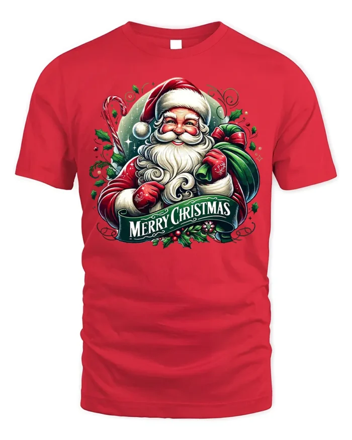 Classic Santa Merry Christmas Holiday T-Shirt - red t-shirt on white background