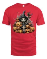 Witch Pumpkin Pile Halloween Skeleton T-Shirt - red t-shirt on white background