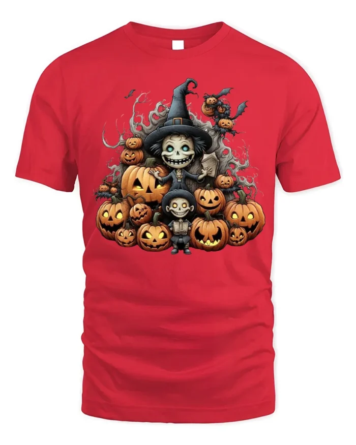 Witch Pumpkin Pile Halloween Skeleton T-Shirt - red t-shirt on white background